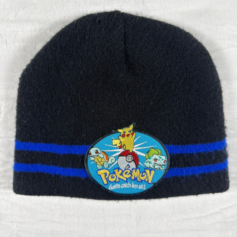 VTG Kids 2000 Pokemon Pikachu Squirtle Bulbasaur Beanie Hat Black Blue Stripe